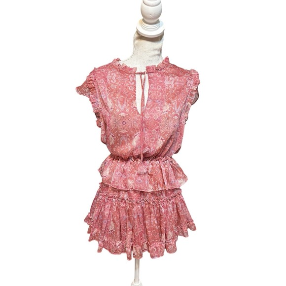 Misa Los Angeles Lilian Split-Neck Floral Ruffle Mini Dress Size XS Pink Chiffon - Picture 2 of 5